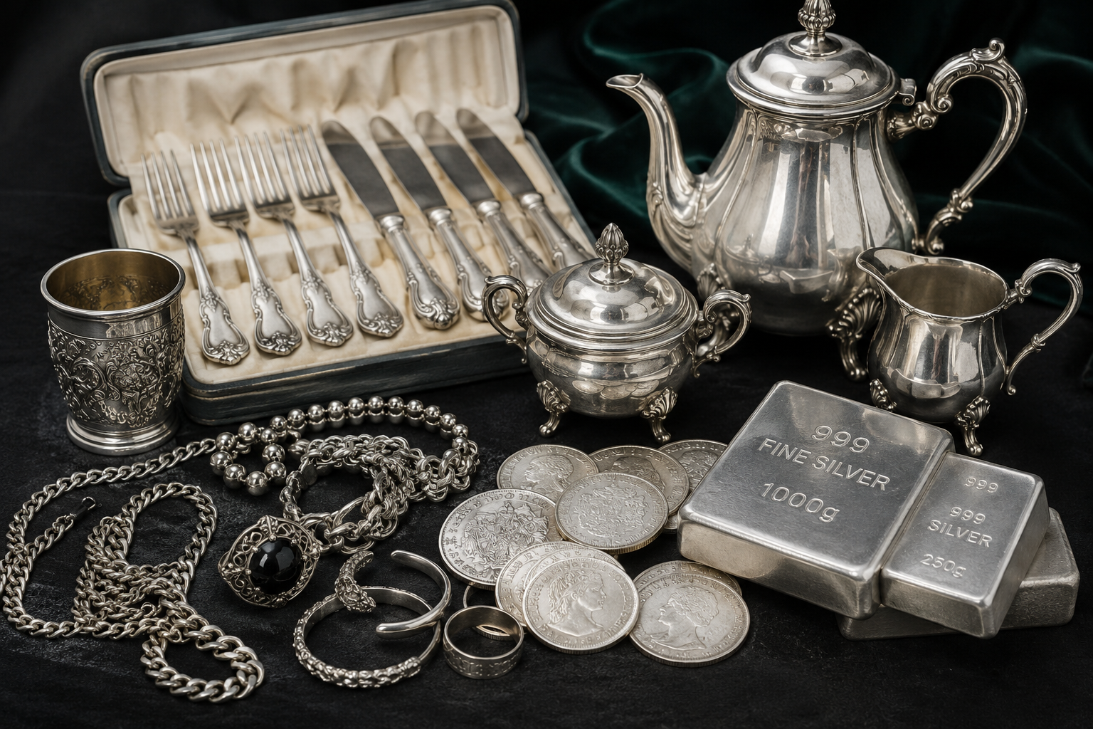 Zilverwerk, zilveren bestek, sieraden, munten en zilverbaren